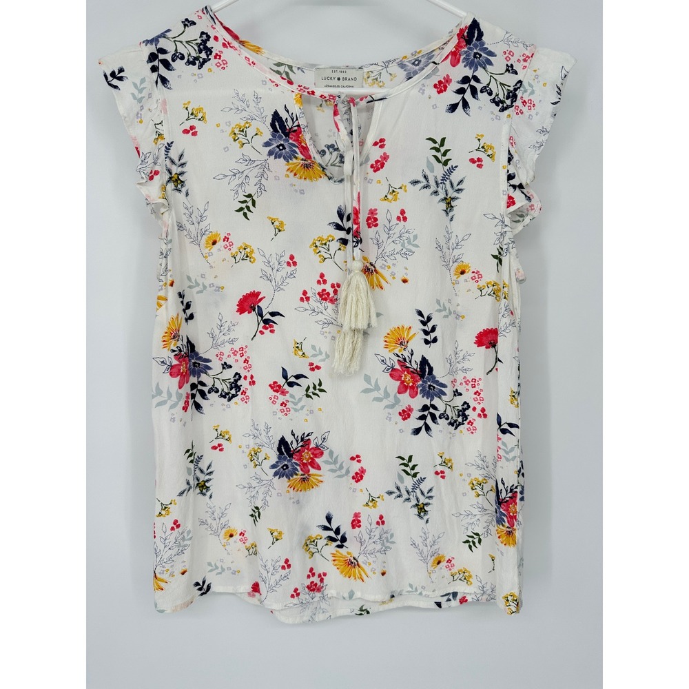 Lucky Brand Womens Floral Flutter Sleeve Blouse Top Cottgecore S
